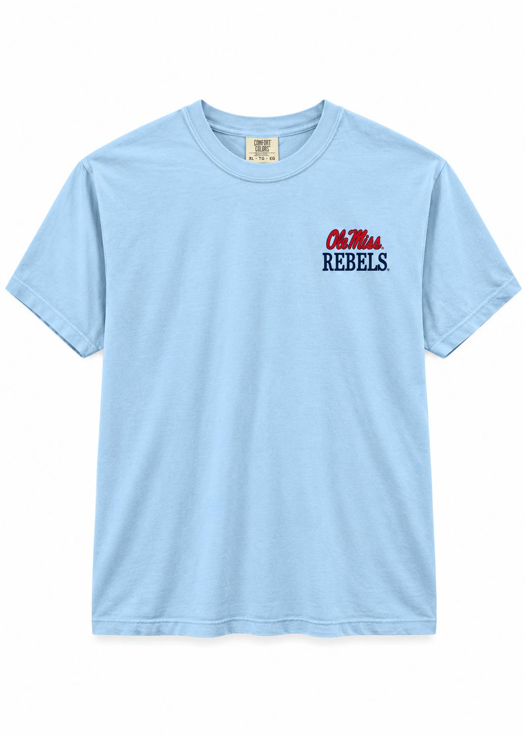 A light blue short-sleeve crewneck t-shirt with 'Ole Miss Rebels' printed on the left chest in red and navy blue, displayed on a clean white background.