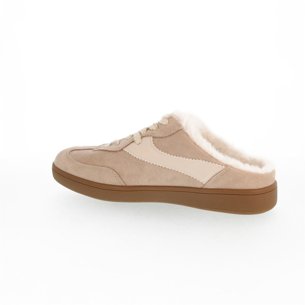 A beige suede slip-on mule sneaker with a soft white shearling lining and a brown rubber sole, shown from a side profile on a white background.