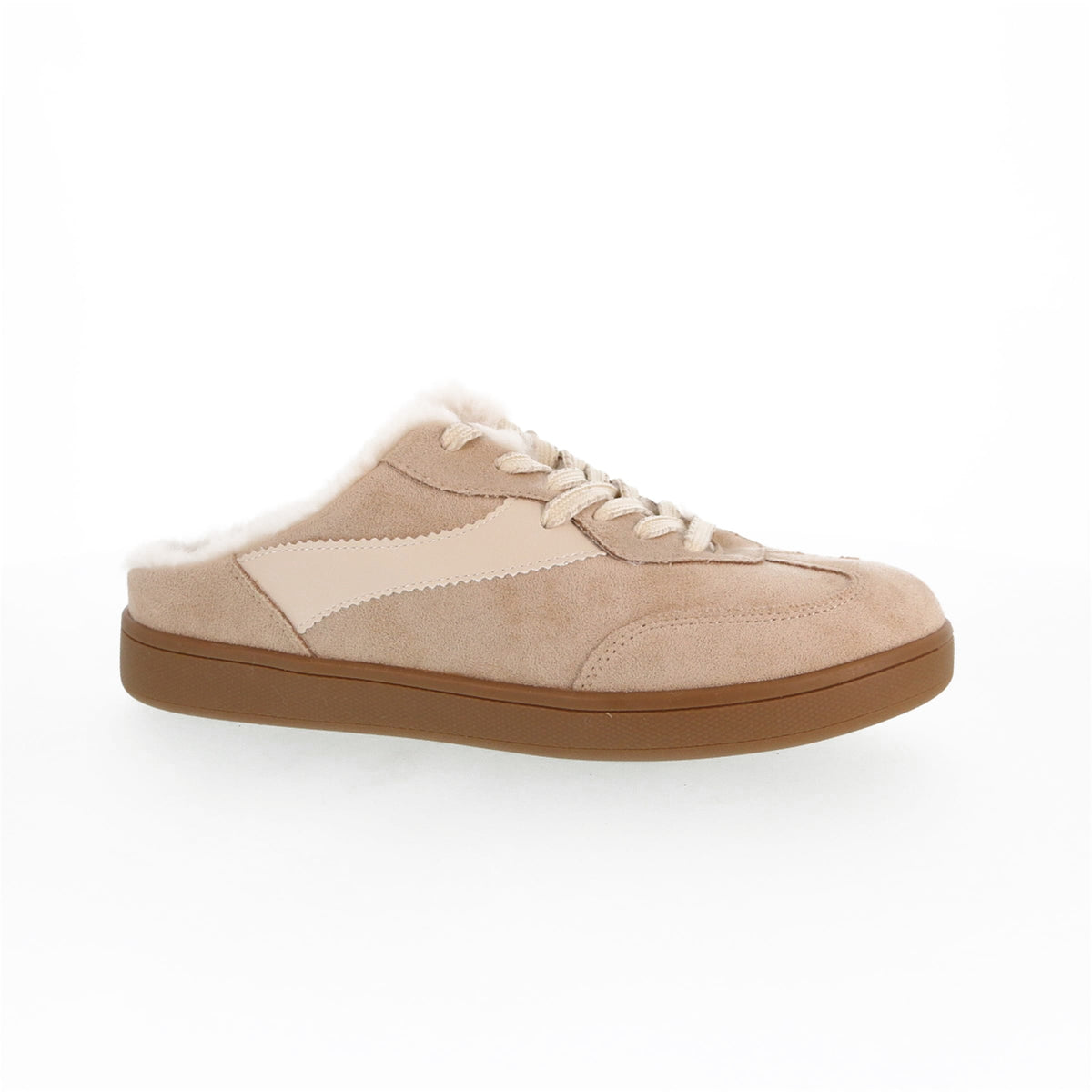 A single low-top slip-on sneaker in light beige suede with a cream panel on the side, beige laces, and a brown gum sole, shown against a plain white background.