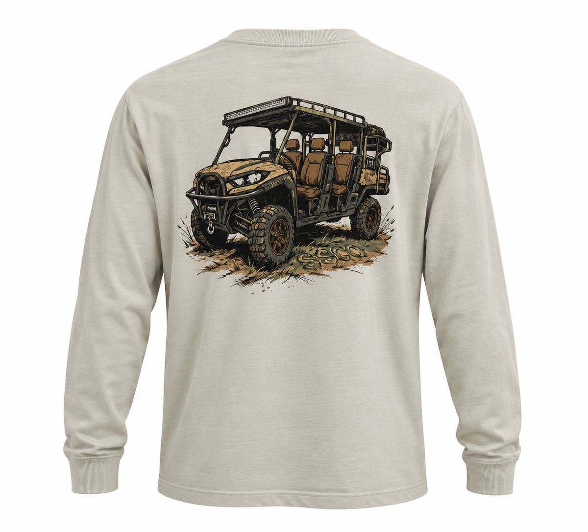 A light beige long-sleeve t-shirt shown from the back, featuring a large graphic print of a tan and black four-seater UTV (side-by-side vehicle) on a patch of dirt.