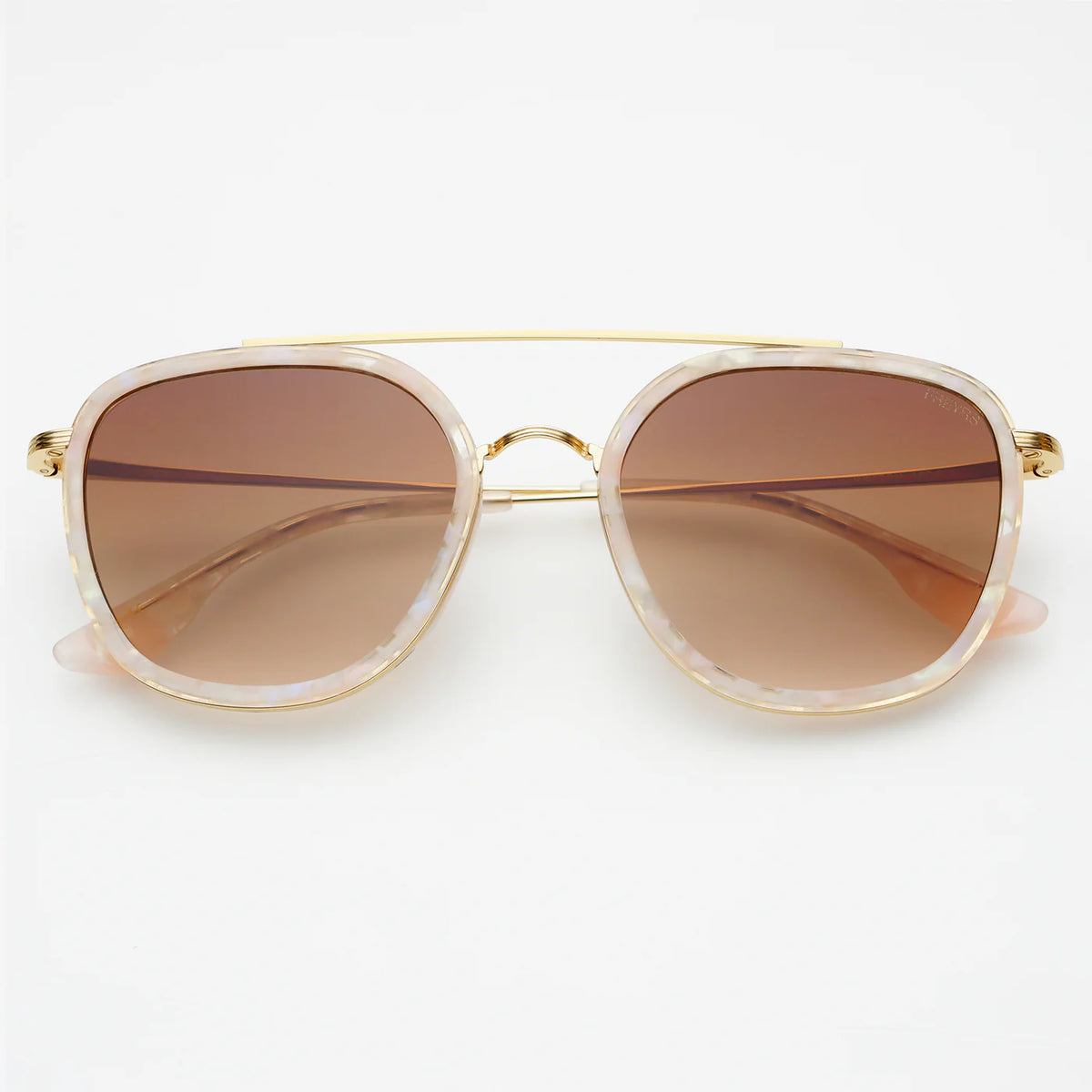 Sunglasses with tortoiseshell frame and gold accents on a white background