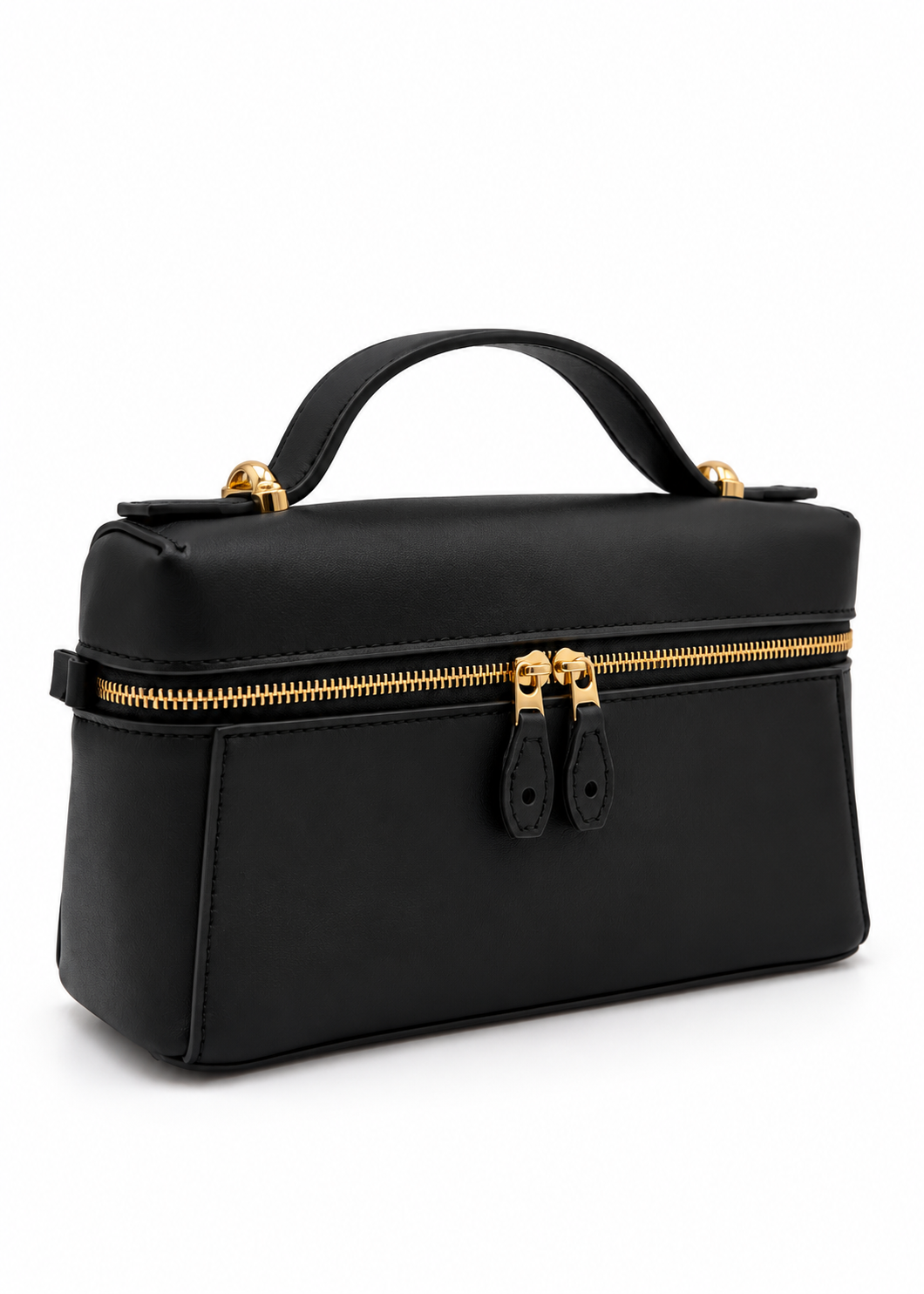A structured black leather cosmetic bag with a top handle, gold-tone zipper, and gold hardware, shown on a clean white background.