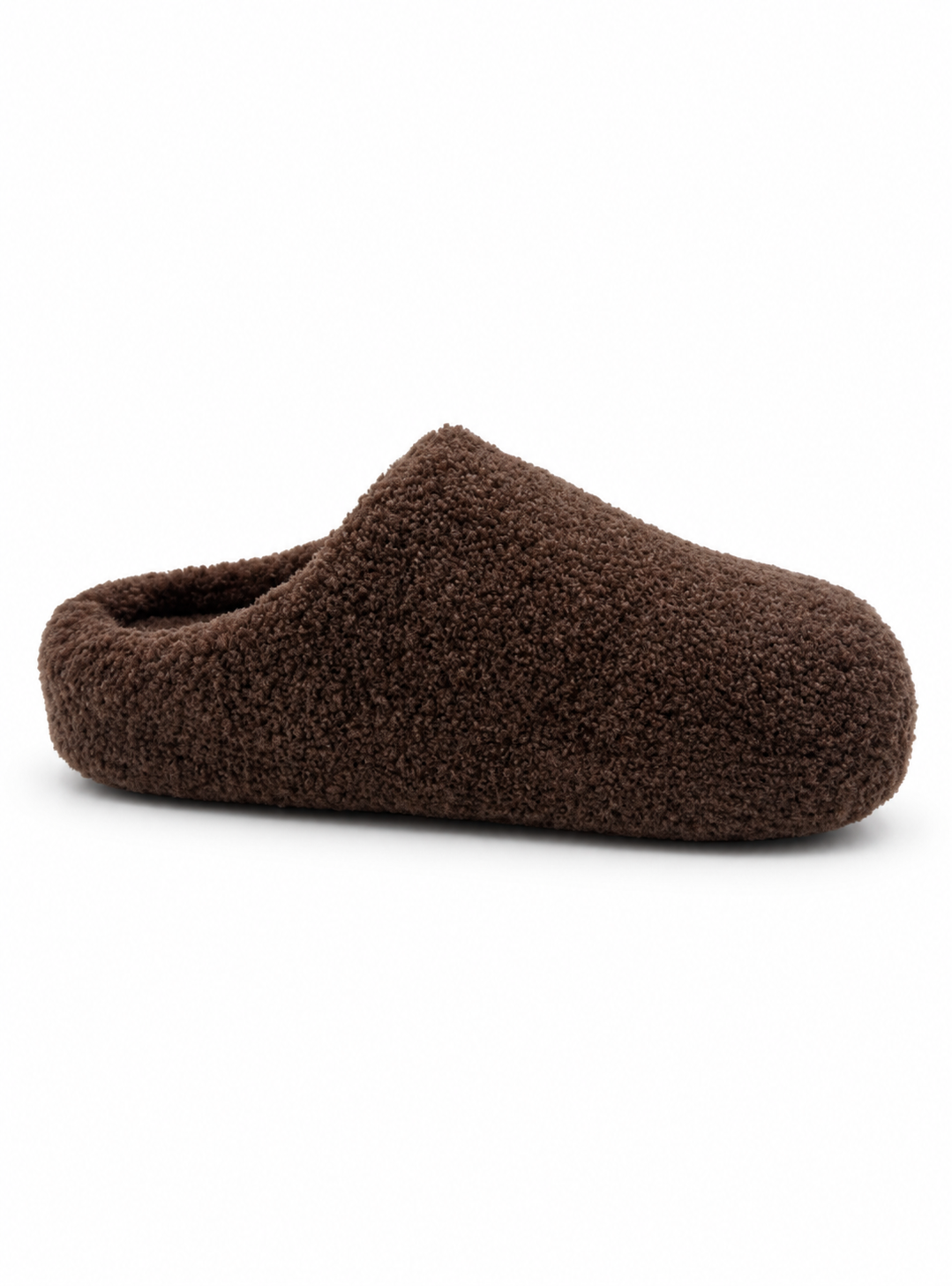 A single dark brown fuzzy slip-on slipper shown from a side profile against a plain white background.