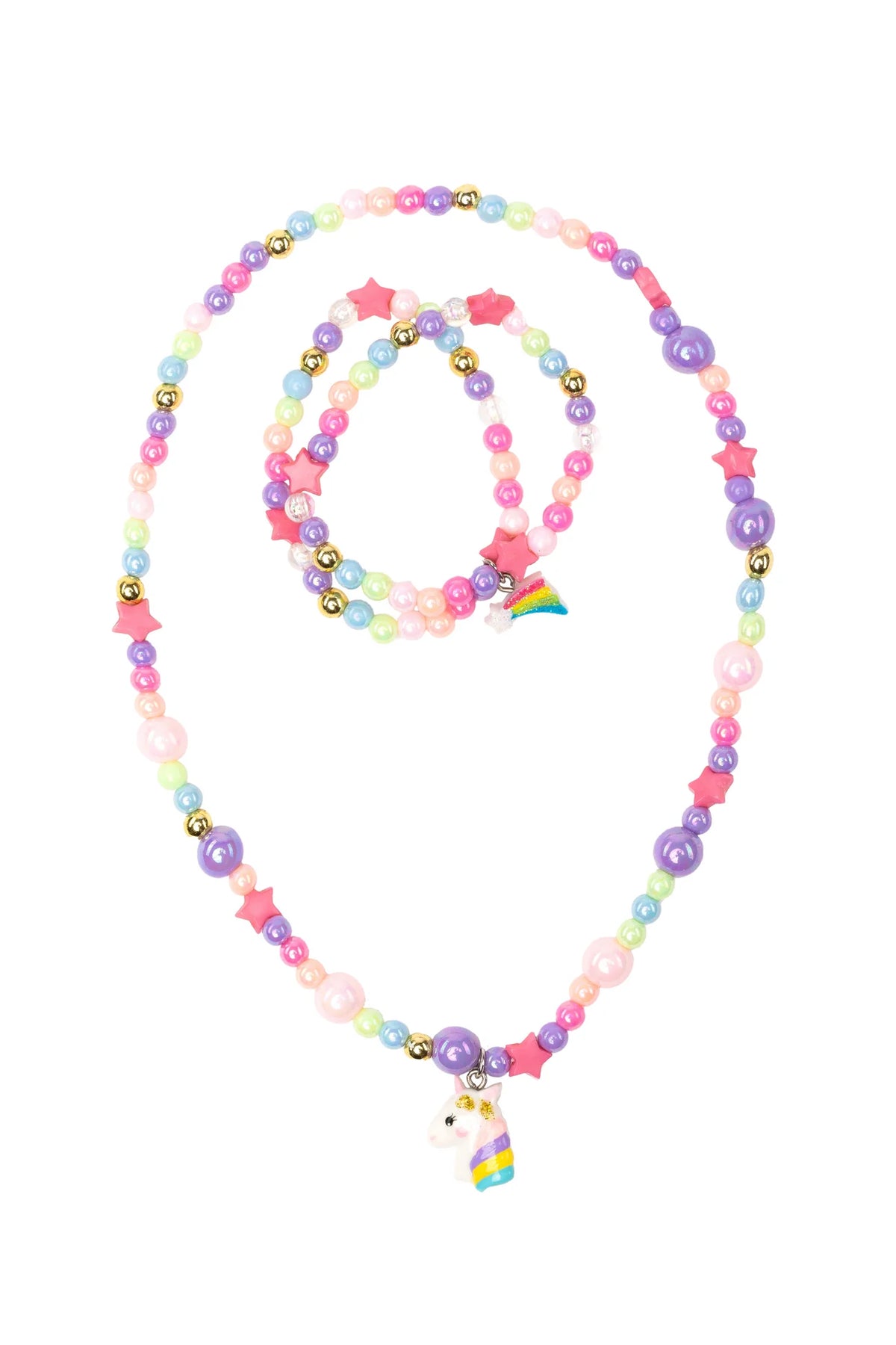 Multicolor beaded necklace and bracelet set with star, rainbow, and unicorn charms on a white background.