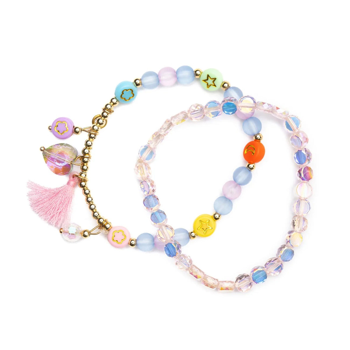 Pastel beaded bracelet with blue, pink, and green beads, gold accents, colorful charms, and a pink tassel on a white background.