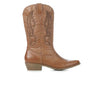 A single tan leather cowboy boot with decorative western embroidery on the shaft, against a plain white background.