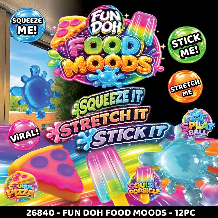 Promotional image of Fun Doh Food Moods with colorful text and graphics on a black background.