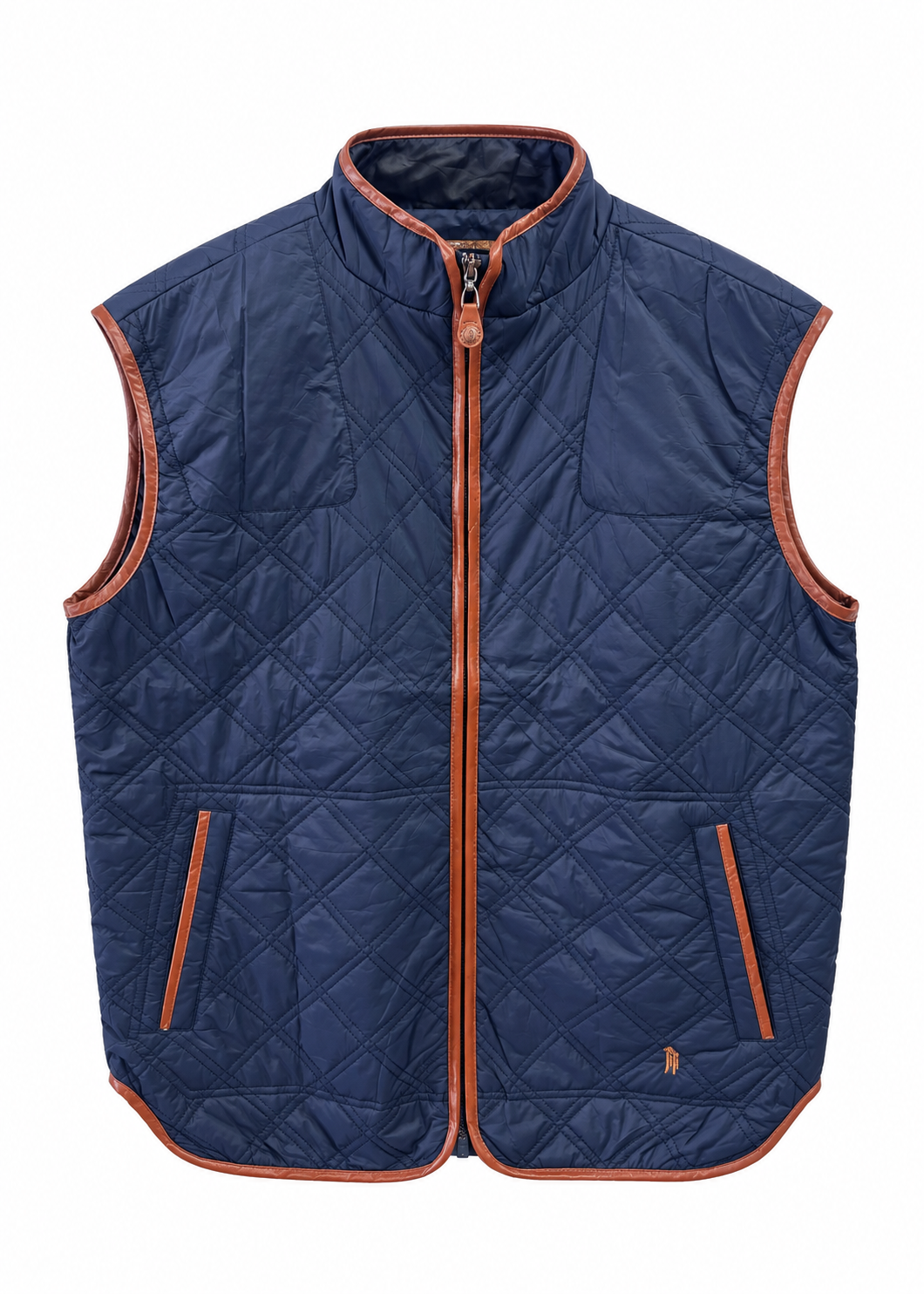 A navy blue quilted sleeveless vest with brown trim and a brown zipper, shown against a plain white background.