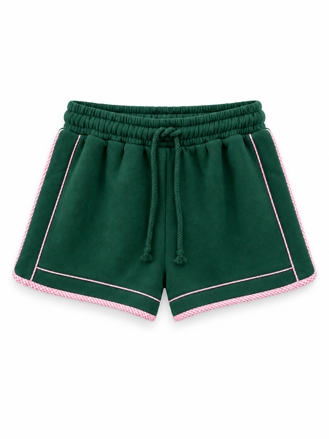 Forest green shorts with an elastic drawstring waistband, pink piping, and pink-and-white gingham trim along the hems, displayed on a white background.