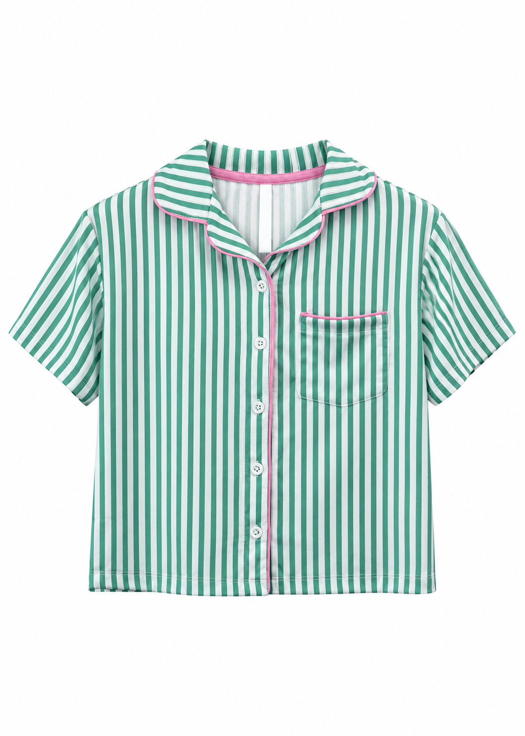 A short-sleeve button-up pajama shirt with green and white vertical stripes, featuring a pink-trimmed collar, placket, and chest pocket.