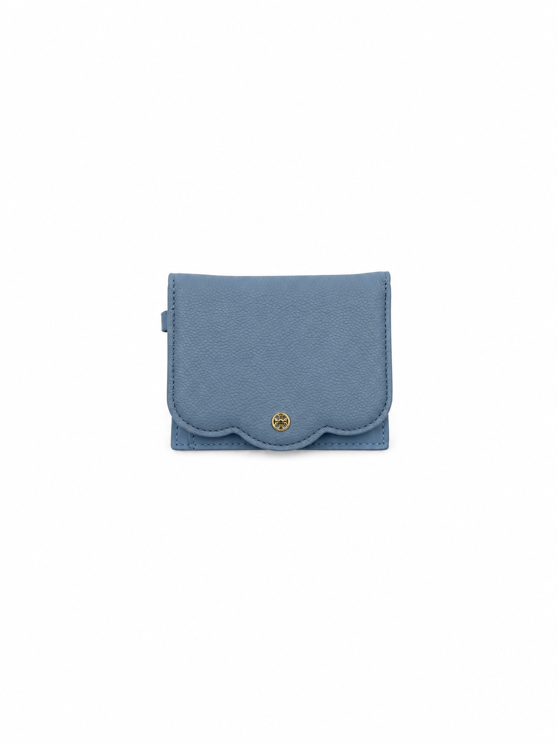 A small blue leather card holder or wallet with a scalloped edge and a gold-tone logo medallion on the front, centered on a plain white background.