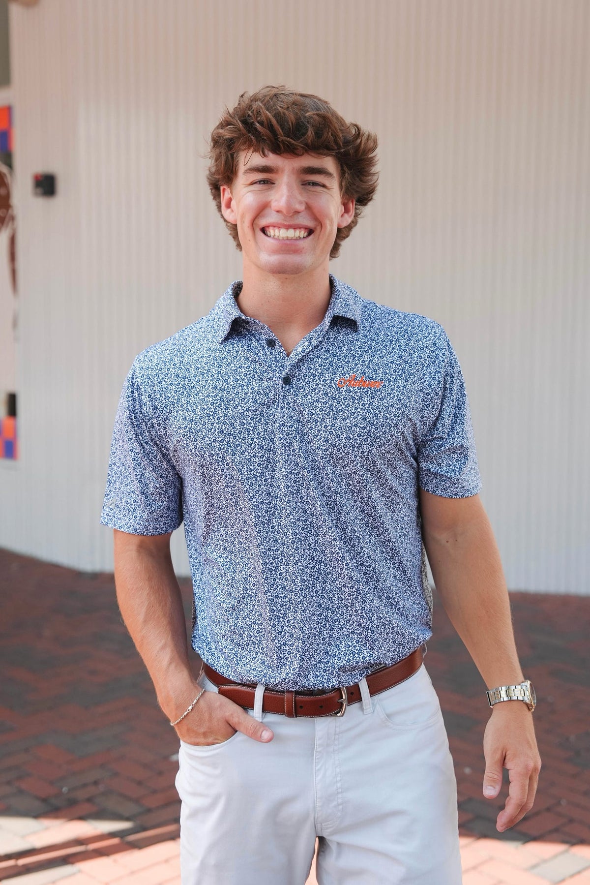 Antigua Field Ditsy Auburn Script Polo