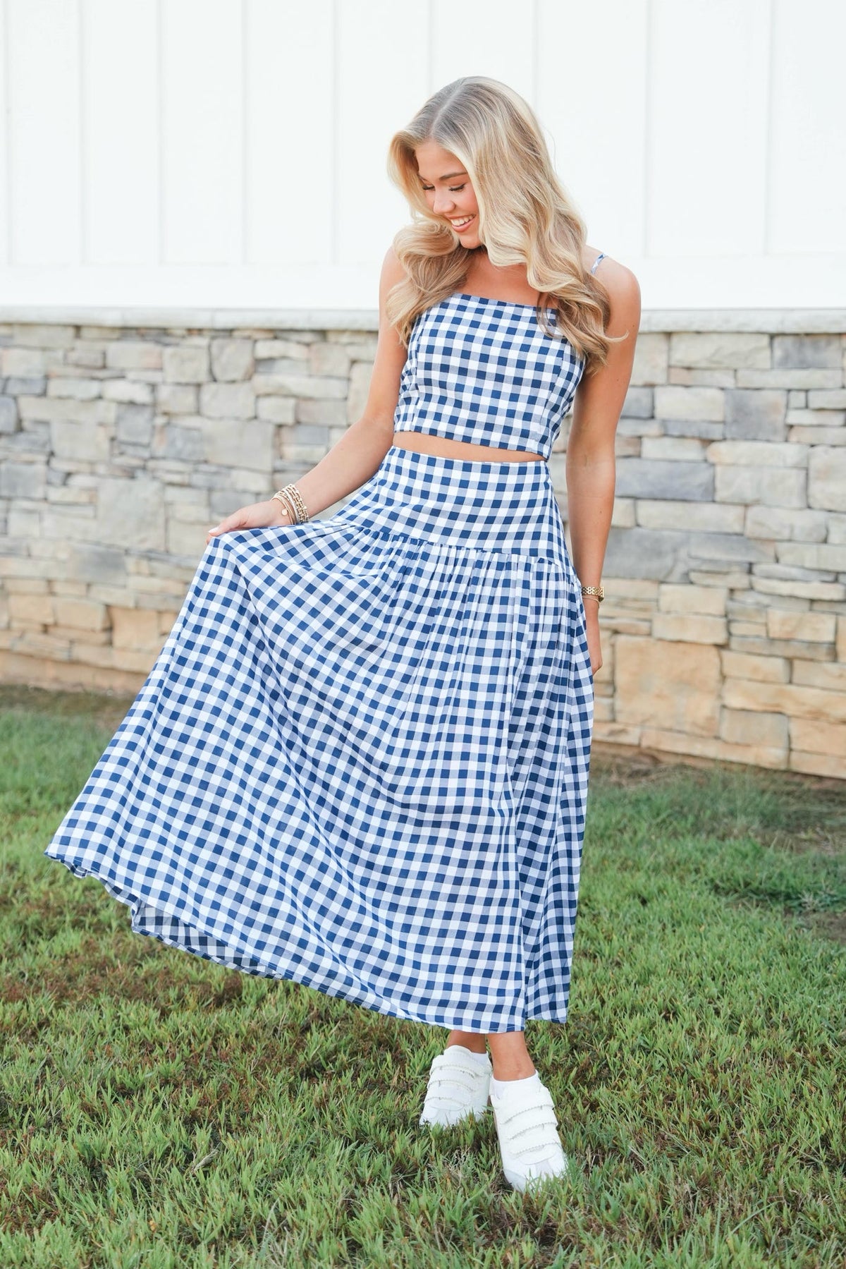 blue and white checkered dress Vinya Plaid Bow-Back Midi Michelle Gingham Midi Dress -