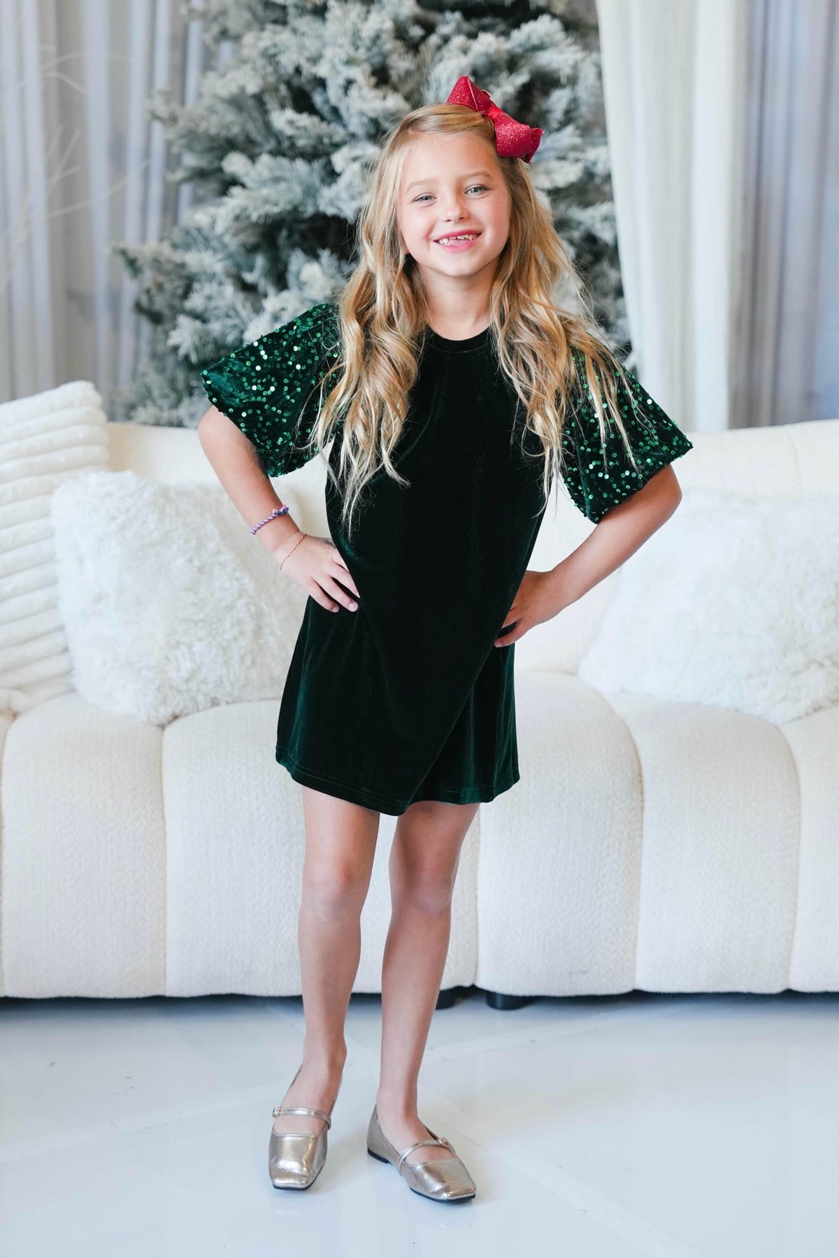 Girls' Velvet Puff Sleeve Dress