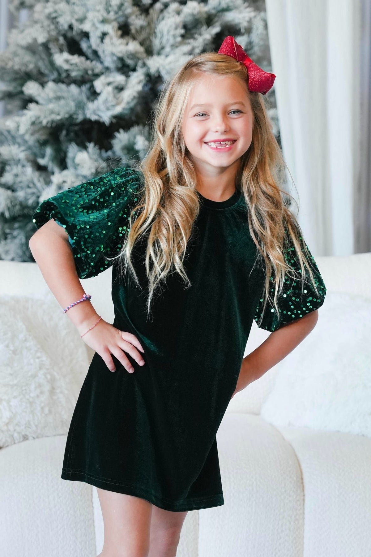 Girls' Velvet Puff Sleeve Dress