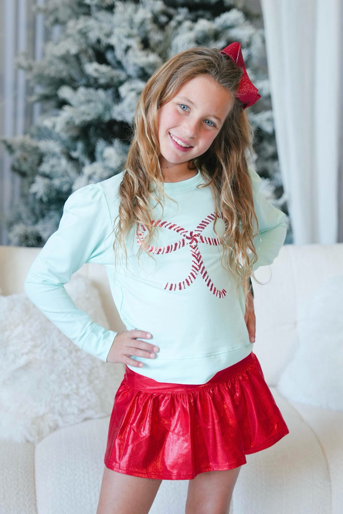 Girls' Azarhia Candy Cane Bow Sequin Top