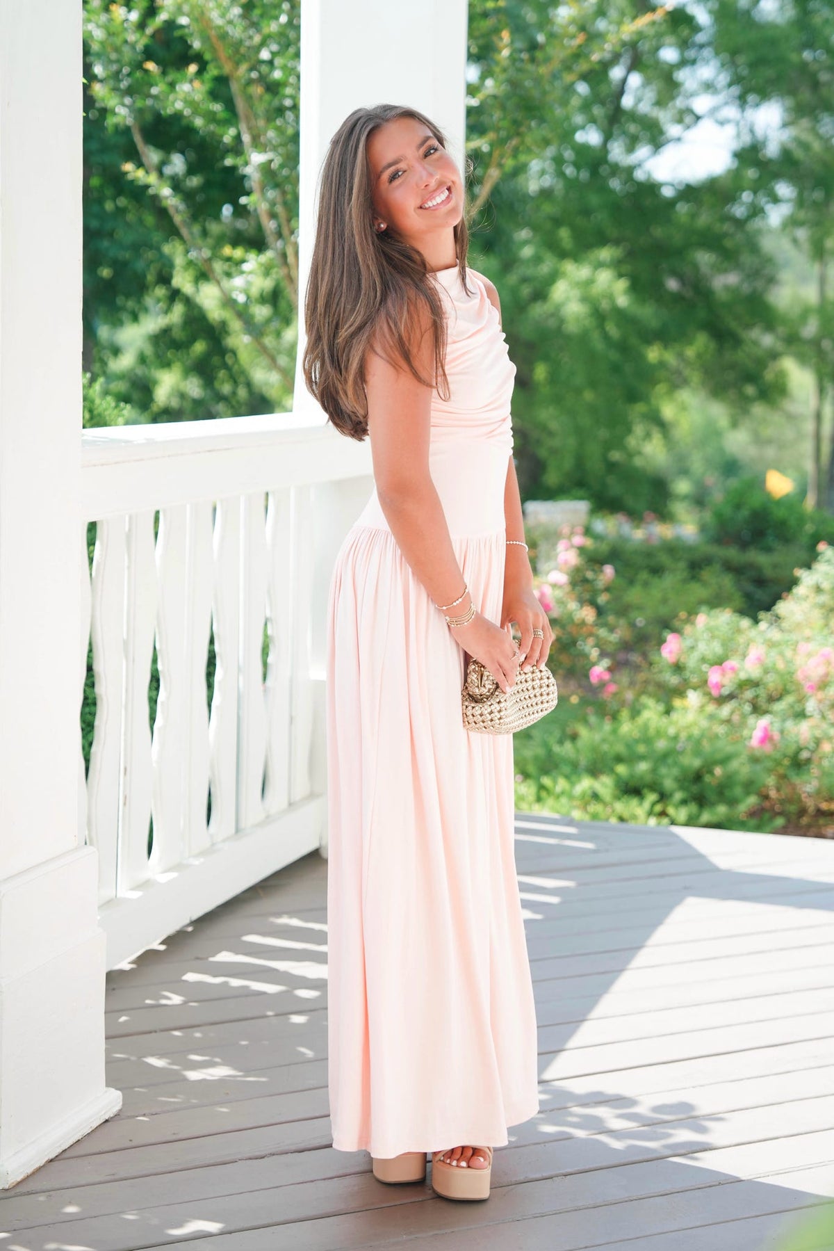 shoreline beach dresses Savannah Floral Halter Maxi Dress Taupe-Blue / M