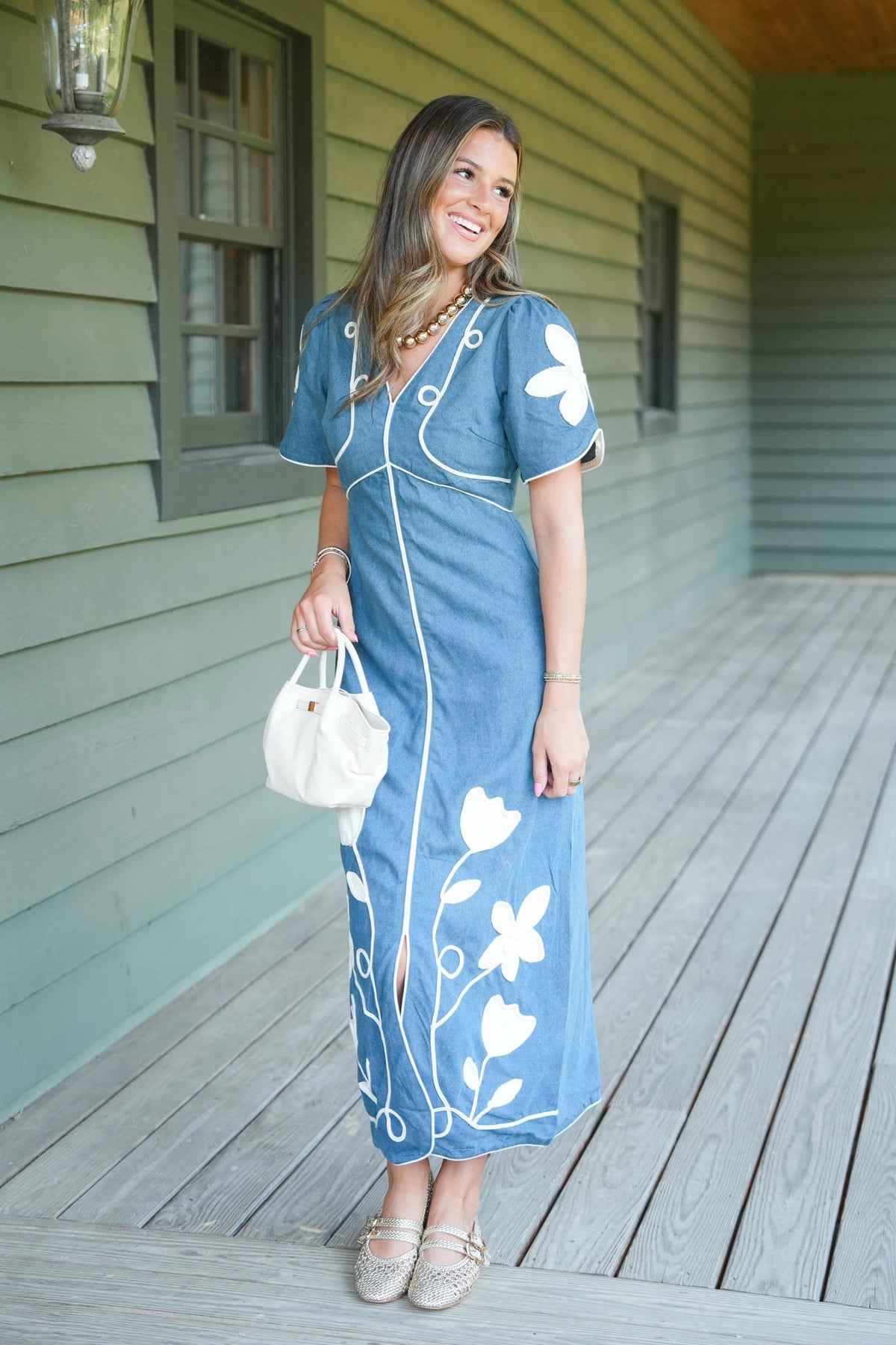 Long blue and white patterned dress