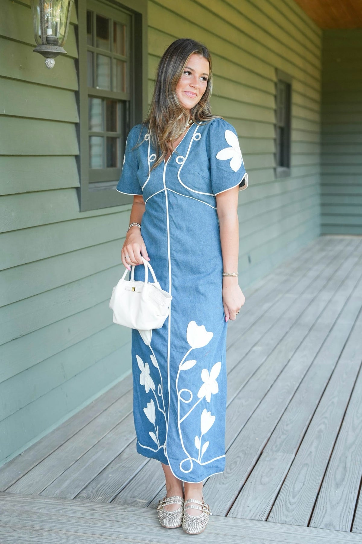 Long blue and white patterned dress
