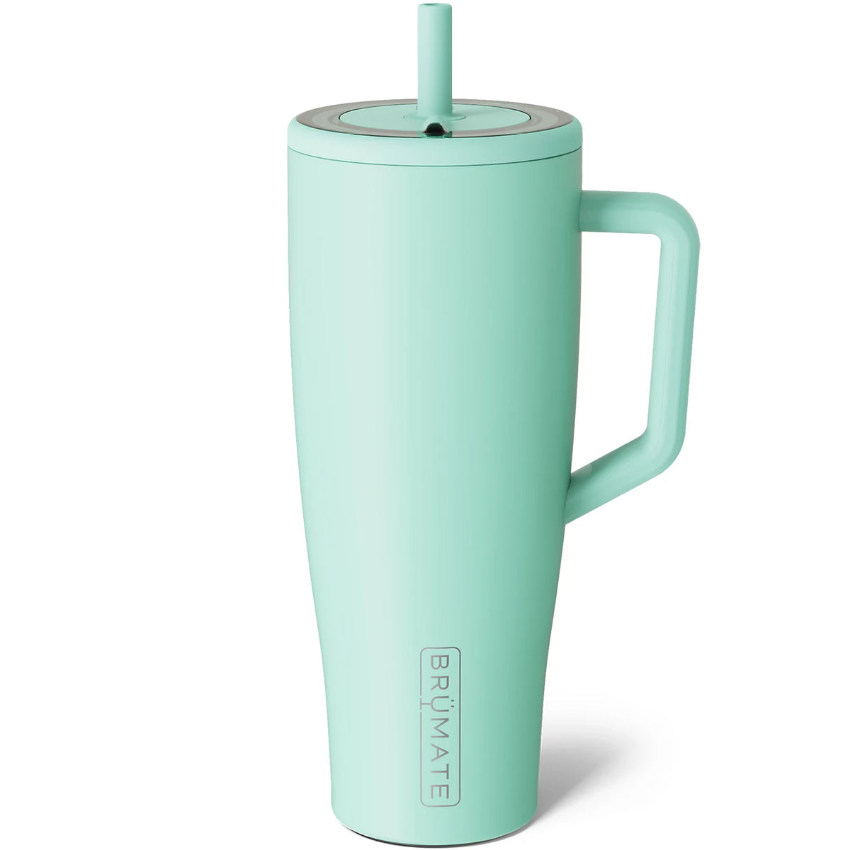 A mint green insulated travel tumbler with a handle, matching lid, and straw, featuring the BRUMATE logo near the bottom, shown on a white background.