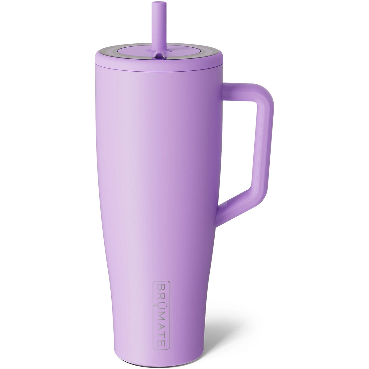 A lavender purple Brumate insulated travel mug with a handle, matching lid, and straw, shown on a clean white background.