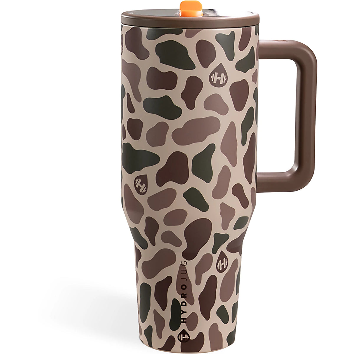 Hydro Jug travel mug with a brown, beige, and dark green camouflage pattern, featuring a brown handle and lid with an orange accent.
