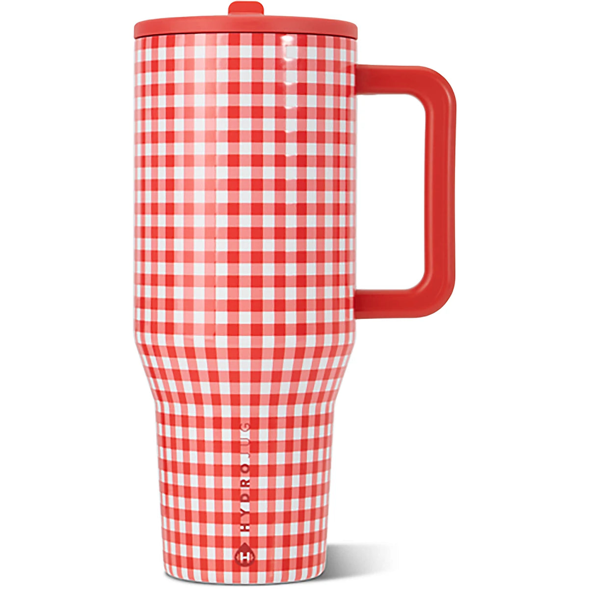 A red and white gingham patterned travel tumbler with a matching red handle and lid, shown on a clean white background.