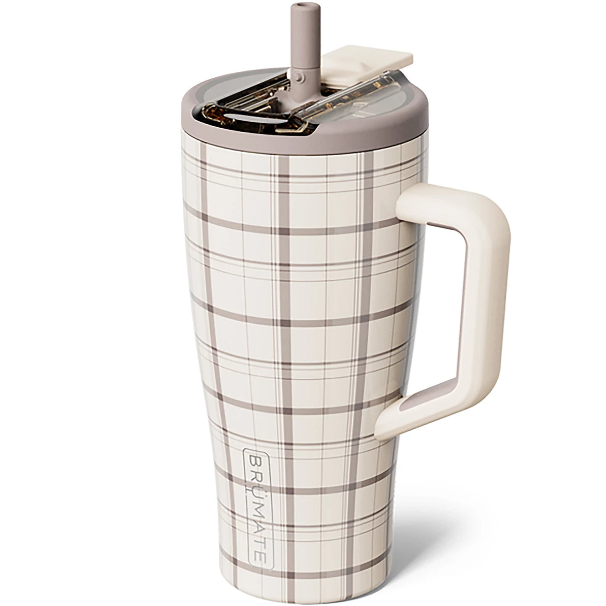 A tall insulated travel tumbler with a cream and taupe plaid pattern, featuring a handle, a lid with a straw, and the brand name 'BRILYATE' printed vertically near the bottom.