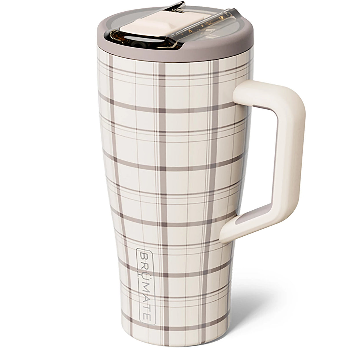 A Brumate travel mug with a cream and brown plaid pattern, featuring a matching cream handle and a gray lid with a clear plastic flip-top spout.
