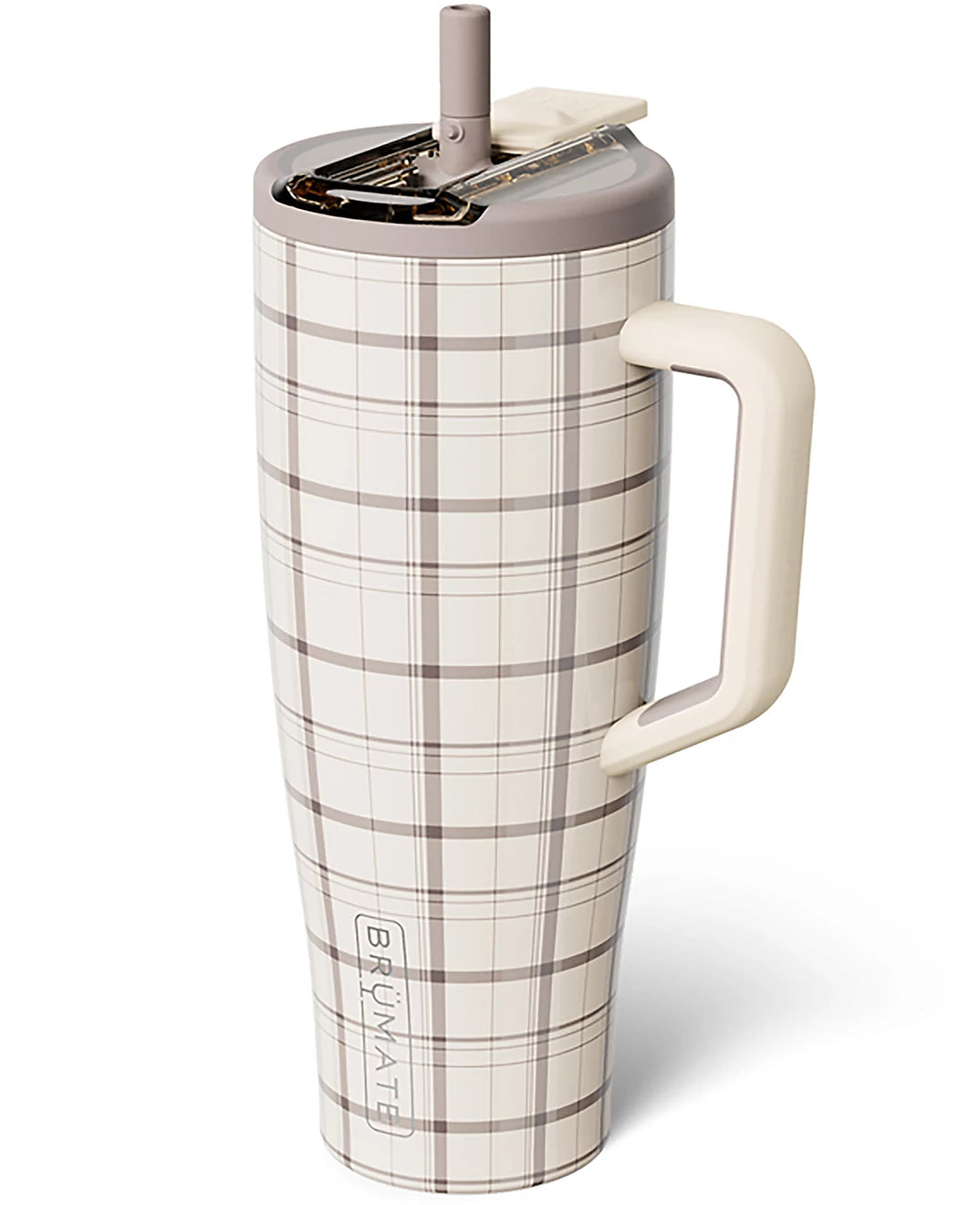 A tall insulated travel mug with a cream and taupe plaid pattern, featuring a handle, a lid with a flip-up straw, and the BUNNATEL brand name printed vertically near the bottom.