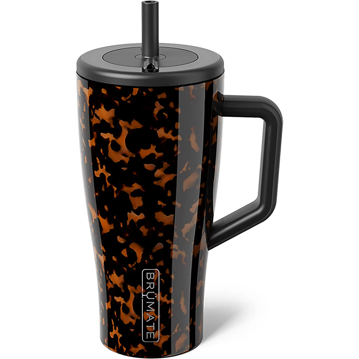 A Broomate insulated travel tumbler with a black handle, black lid, and a glossy black and brown tortoiseshell patterned body, featuring a black straw and a vertical Broomate logo near the bottom.
