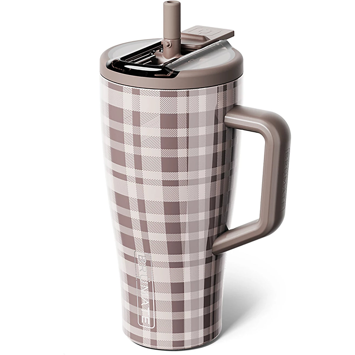 A tall insulated travel tumbler with a handle, featuring a brown and beige plaid pattern and a matching brown lid with a straw, shown on a white background.