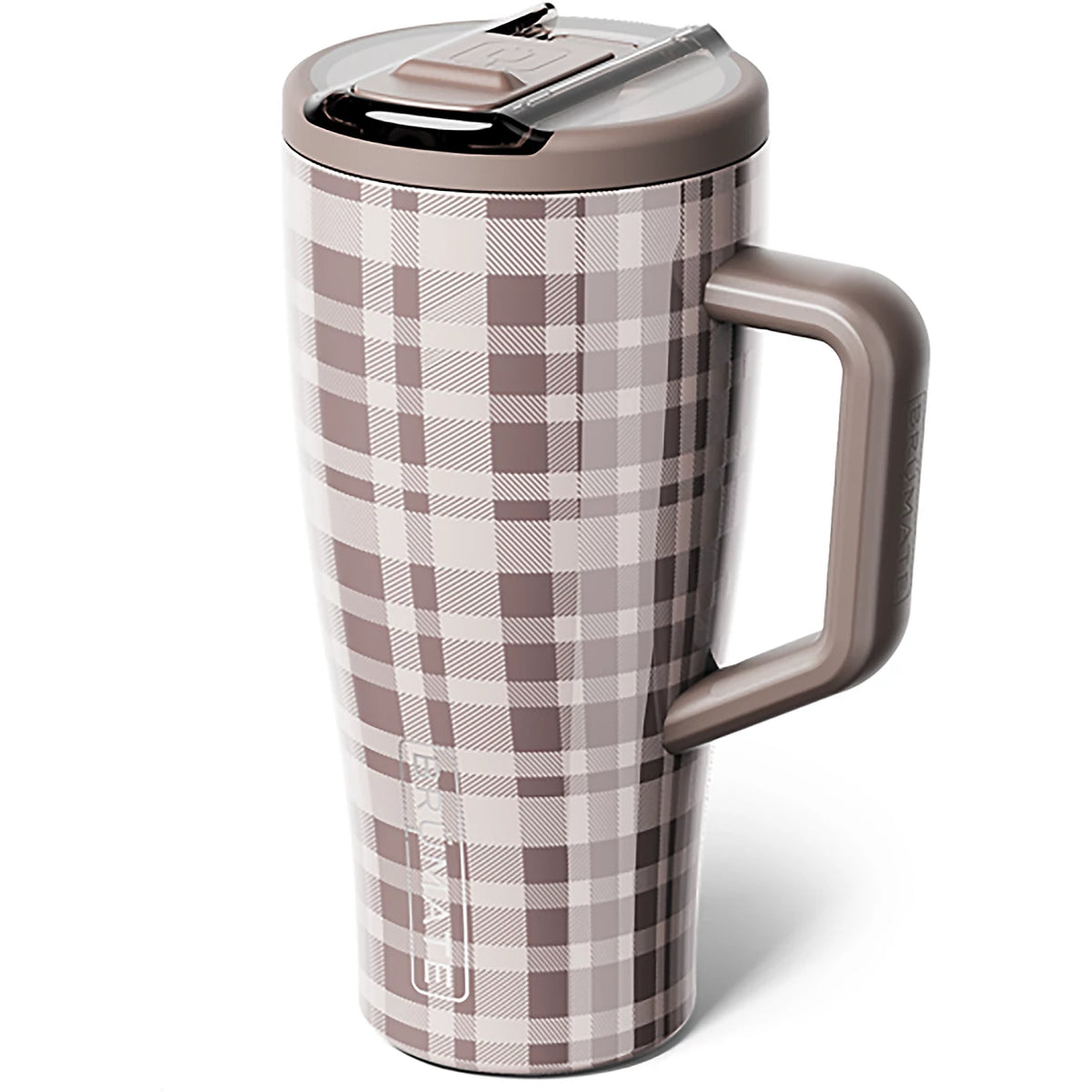 A travel tumbler with a brown and beige plaid pattern, featuring a matching brown handle and lid, shown on a white background.