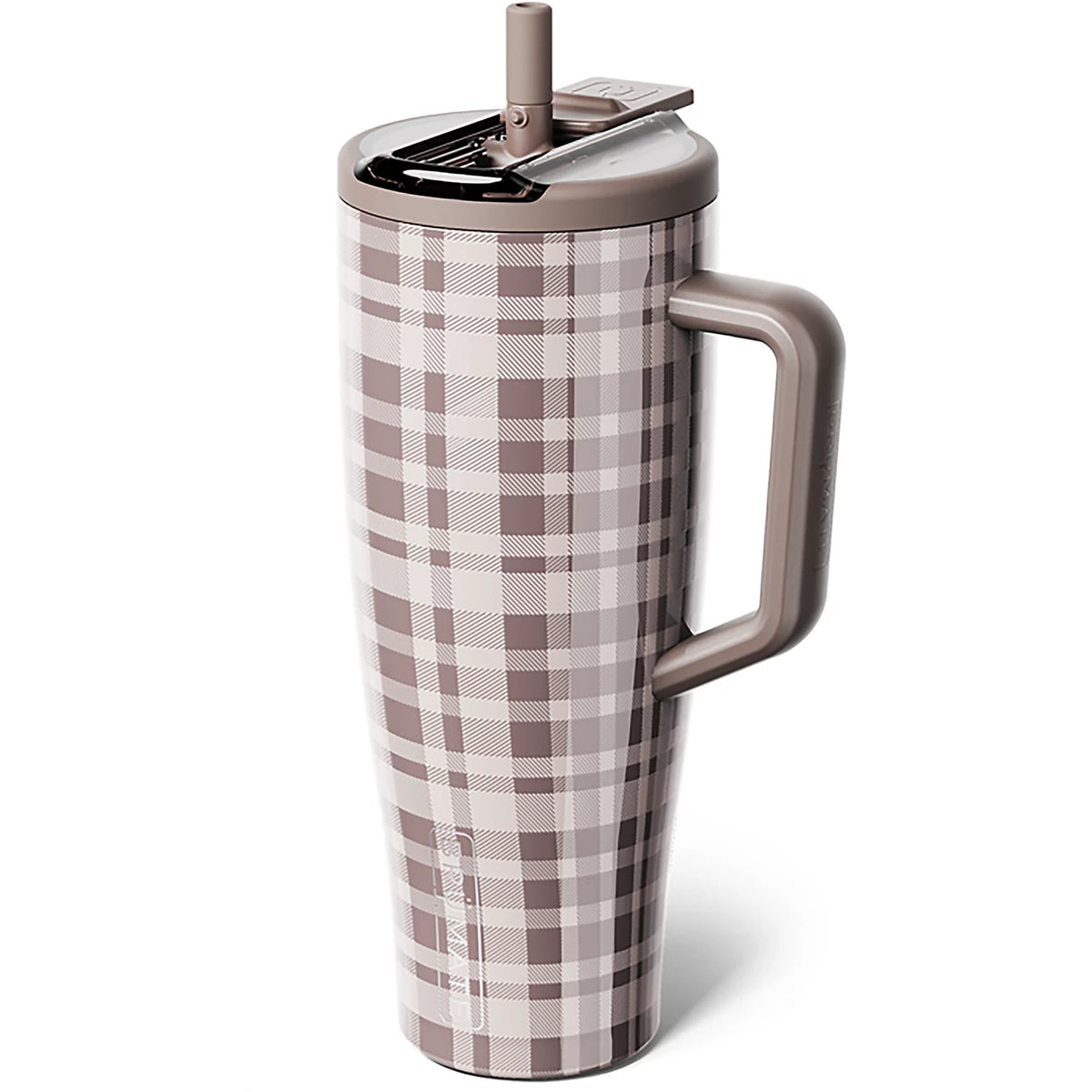 A tall handled travel tumbler with a brown and beige plaid pattern, featuring a matching brown handle and lid with a straw, shown on a white background.