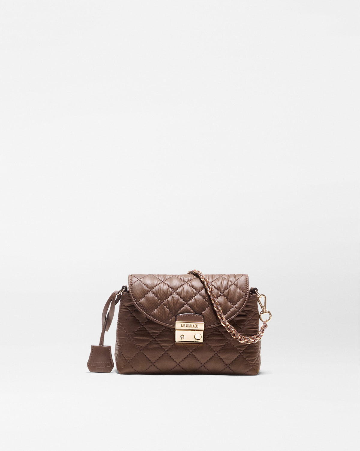 A brown quilted leather shoulder bag with a gold-tone metal clasp and chain strap, displayed on a clean white background.
