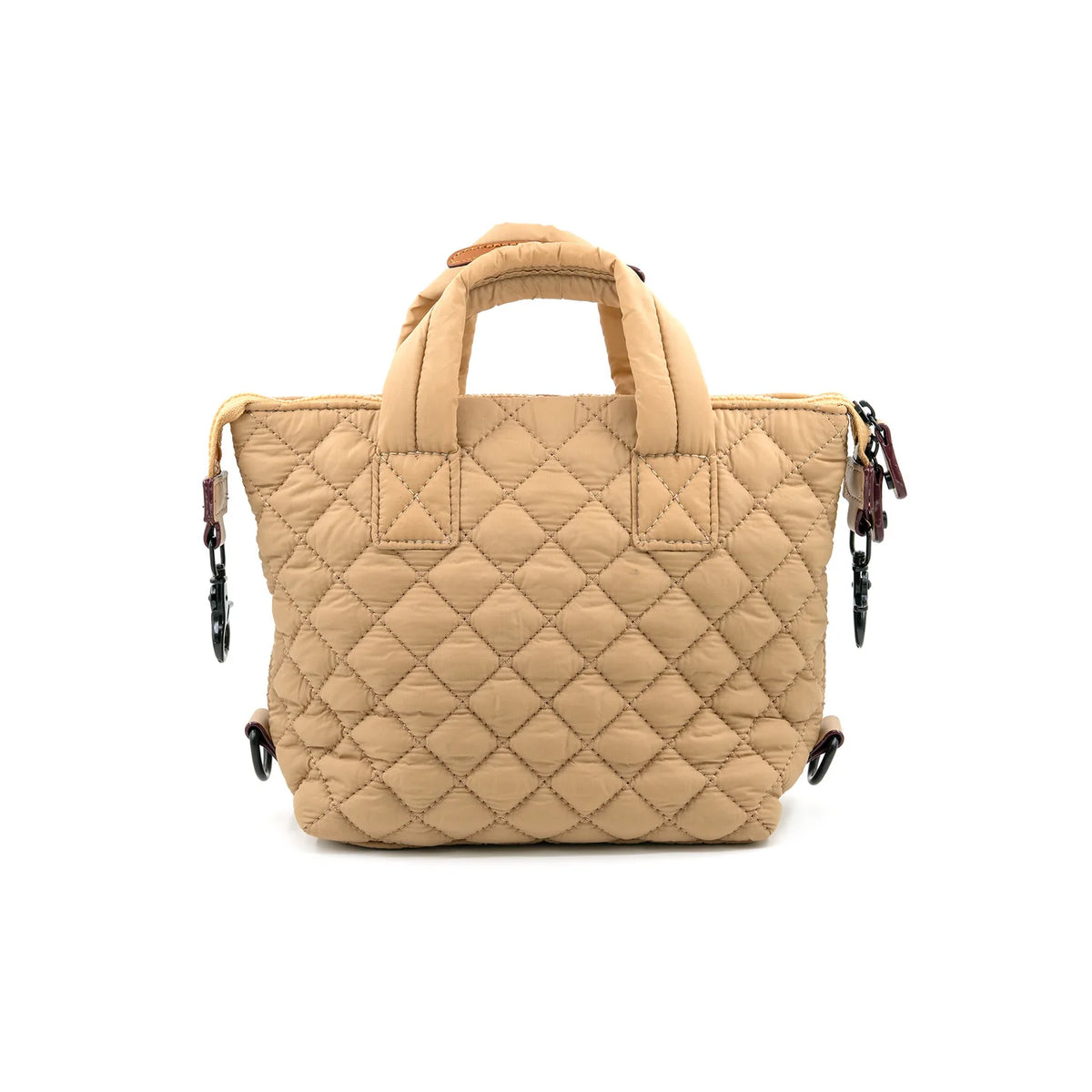 A beige quilted nylon crossbody bag with a detachable strap and a zipper closure.