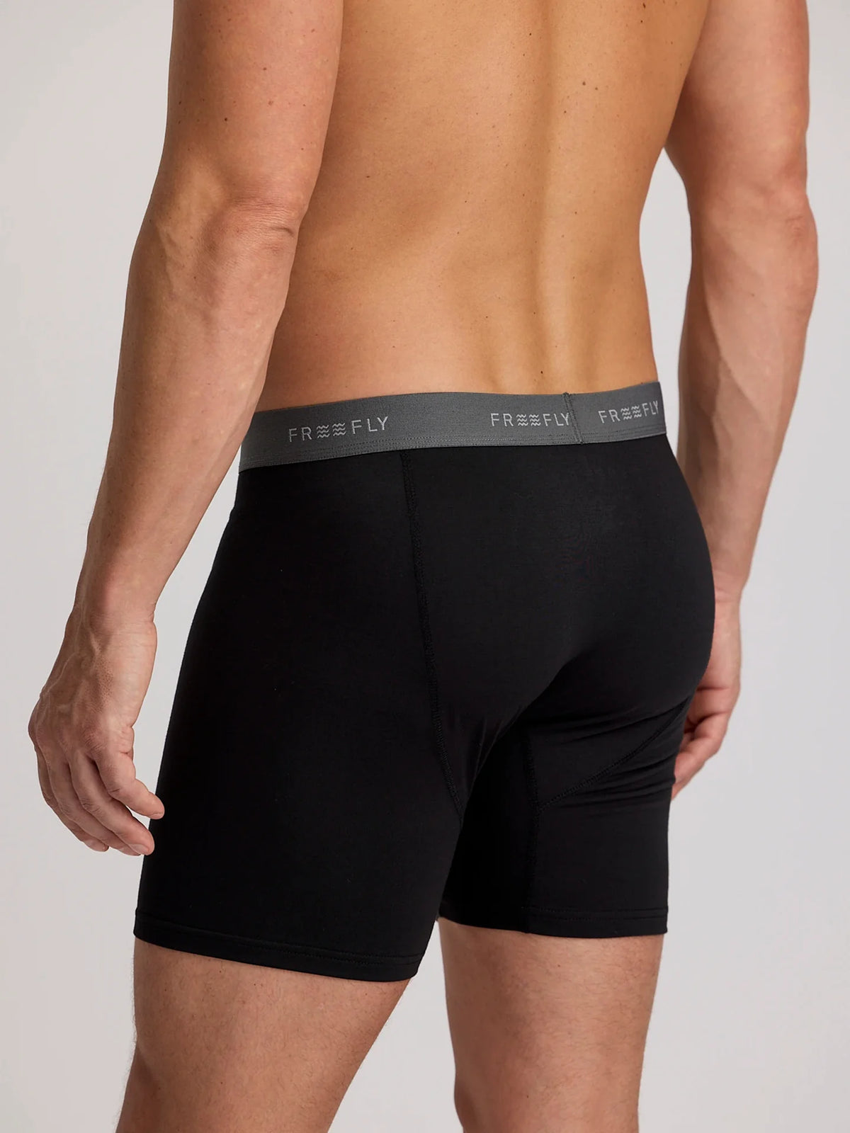 Black boxer briefs with a gray waistband on a plain background