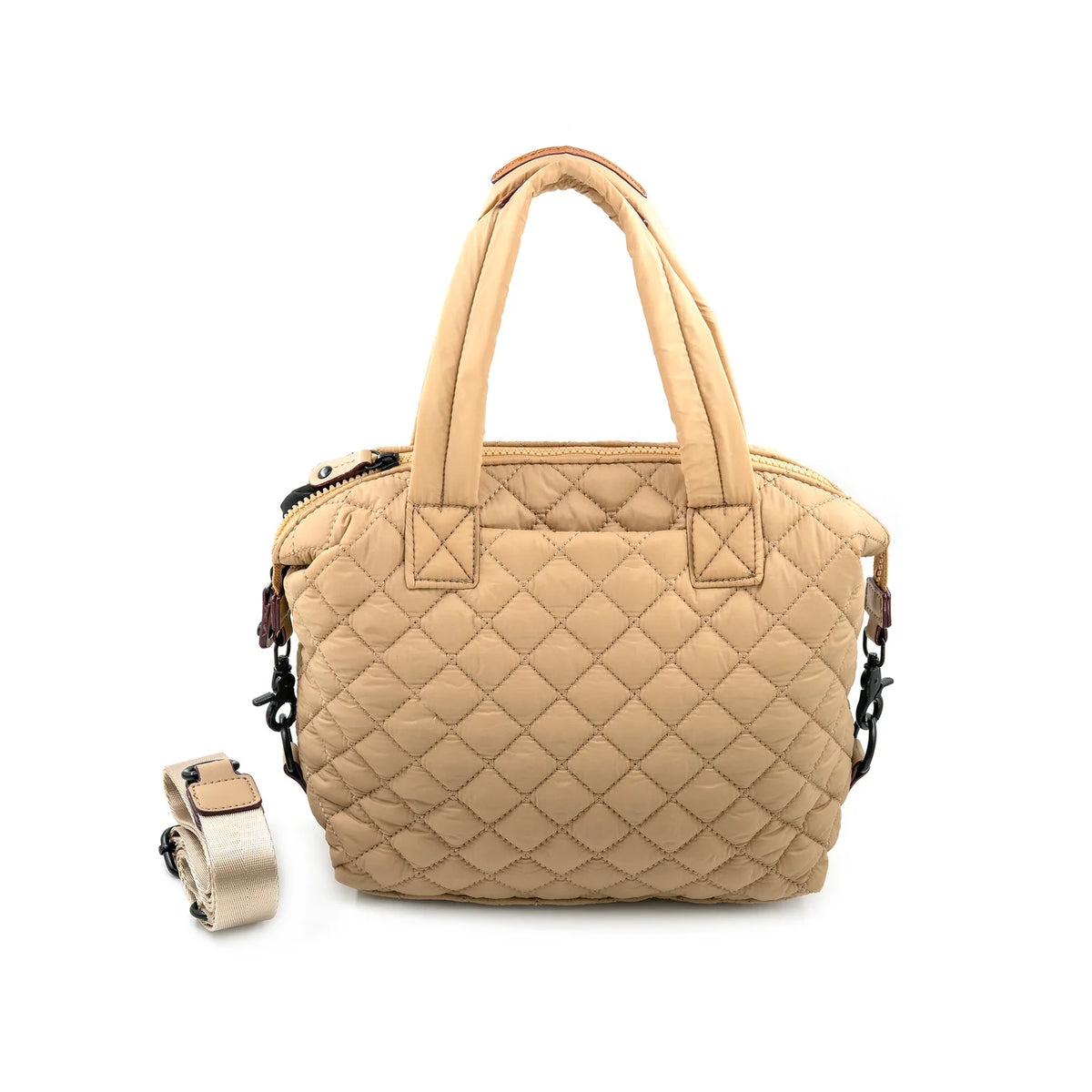 A quilted beige crossbody bag with a removable strap, displayed against a plain background.