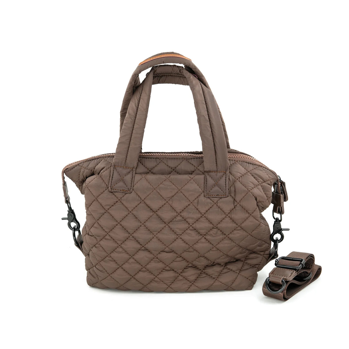 A quilted brown crossbody bag with a removable strap, displayed against a plain background.