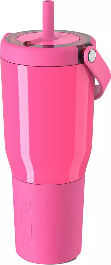 Bright pink insulated travel tumbler with a matching pink lid and straw, plus a side carry loop, shown on a plain white background.