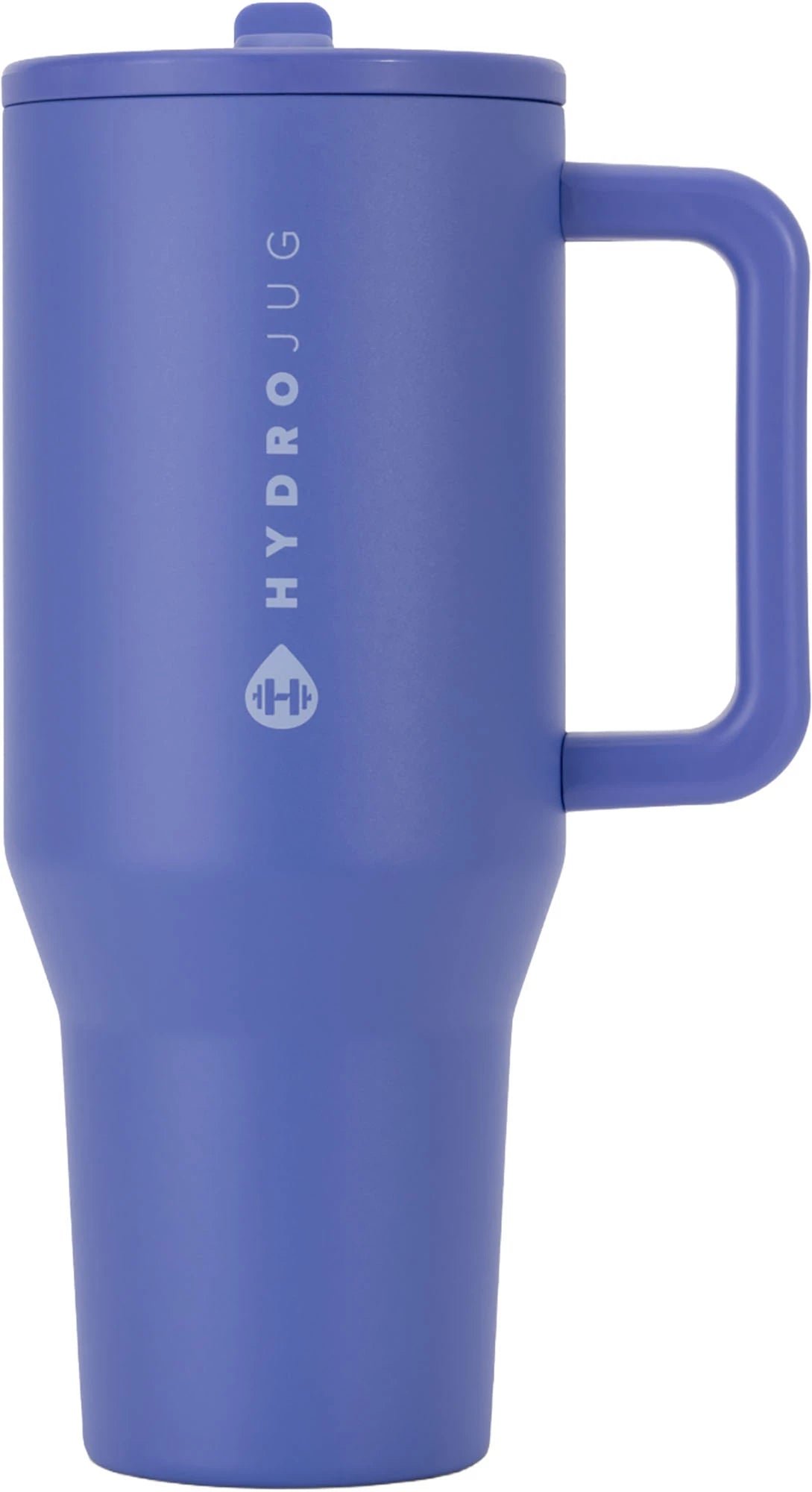 A blue HydroJug travel mug with a handle and matching lid, featuring the HydroJug brand name and logo printed vertically on the side.