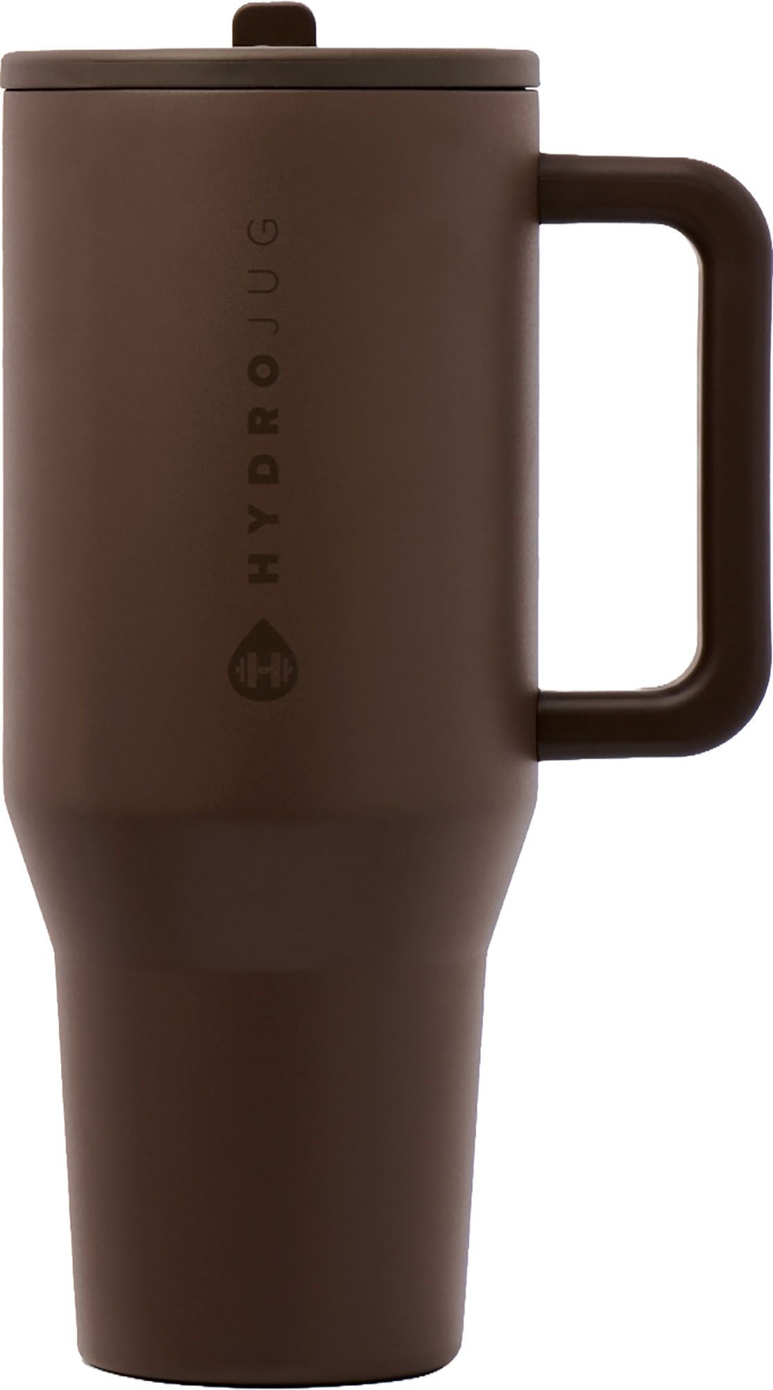 A dark brown HydroJug travel mug with a matching lid and handle, shown on a plain white background.