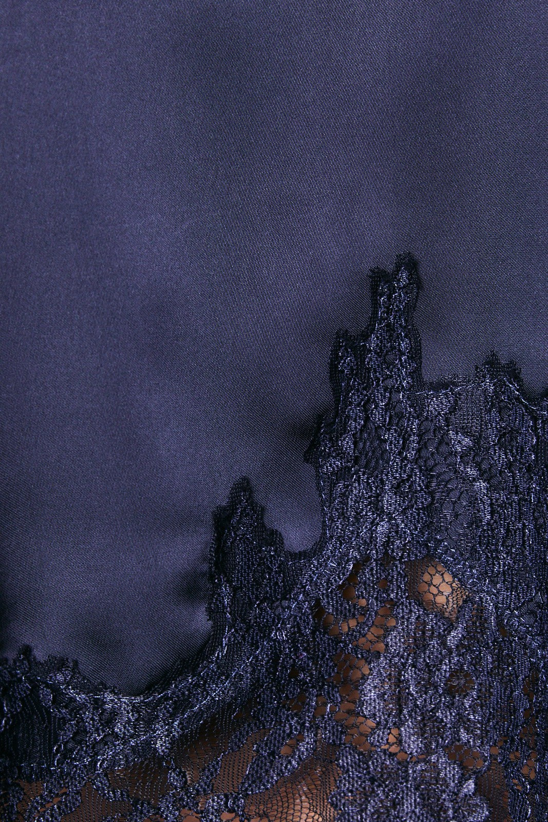 Close-up of a dark navy or black lace fabric with a sheer mesh base, showing intricate floral lace patterns and a small metallic gold bead detail against a dark background.