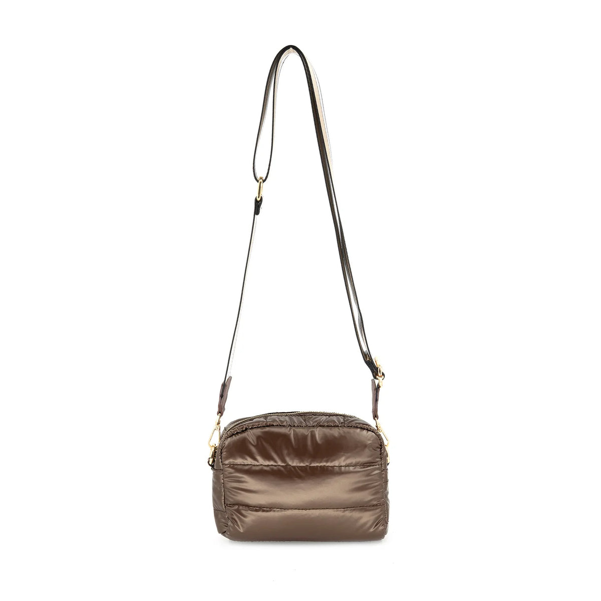Brown crossbody bag with a strap on a white background