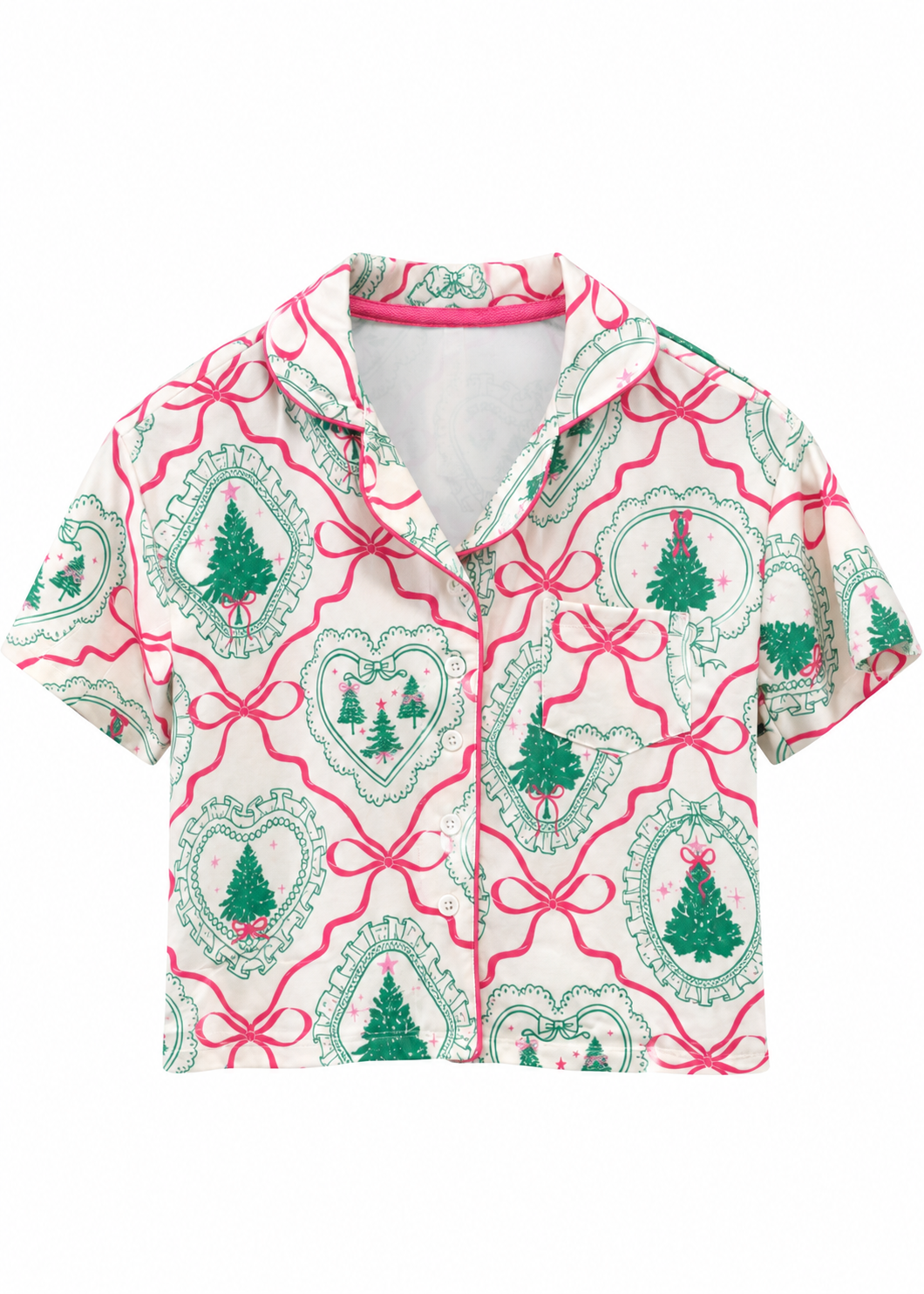 A short-sleeve button-up shirt with a festive Christmas pattern featuring green pine trees inside heart-shaped frames and pink bows on a white background.