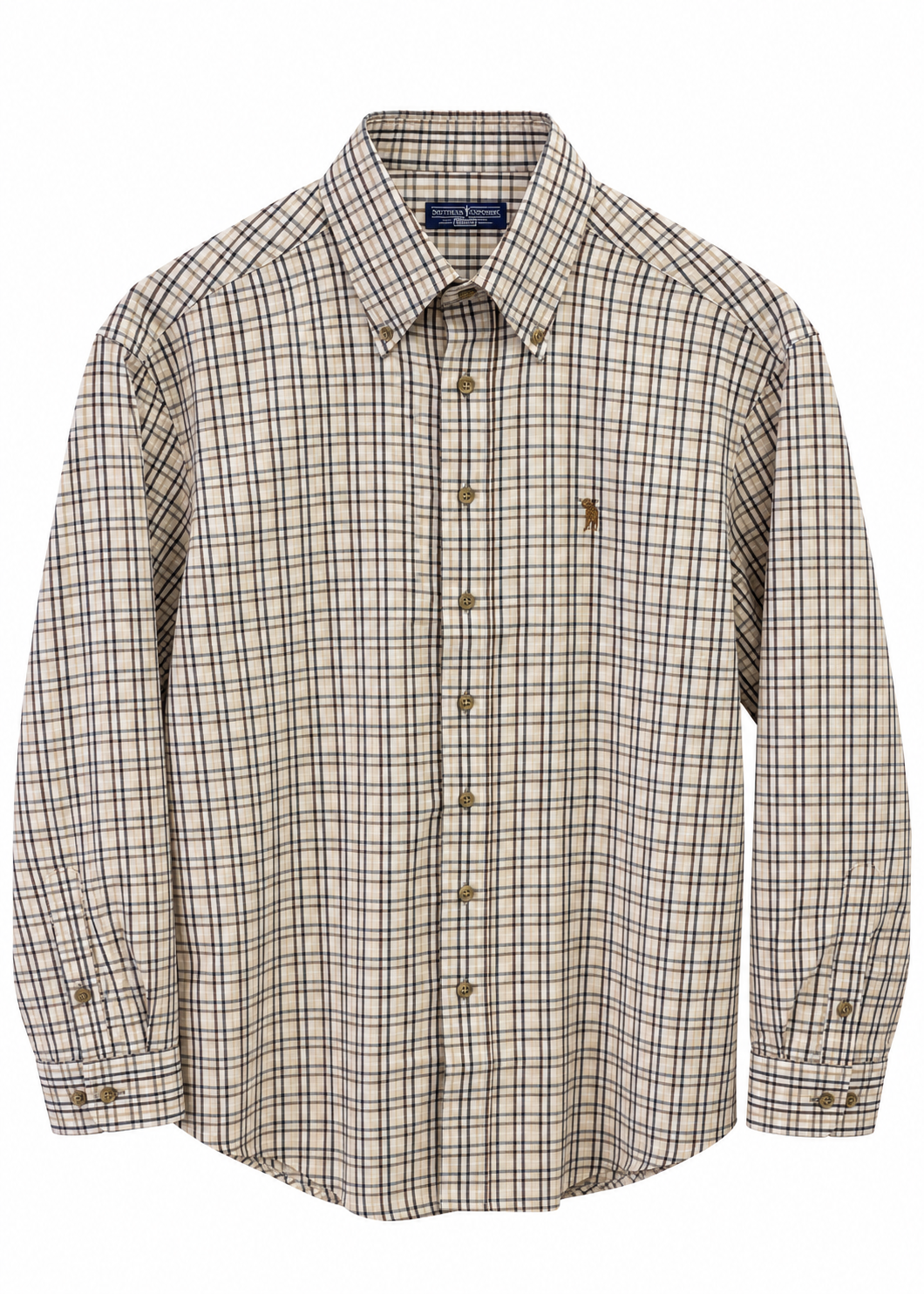 A long-sleeve button-down shirt by Polo Ralph Lauren in a beige and brown check pattern, featuring the signature polo player logo on the left chest.