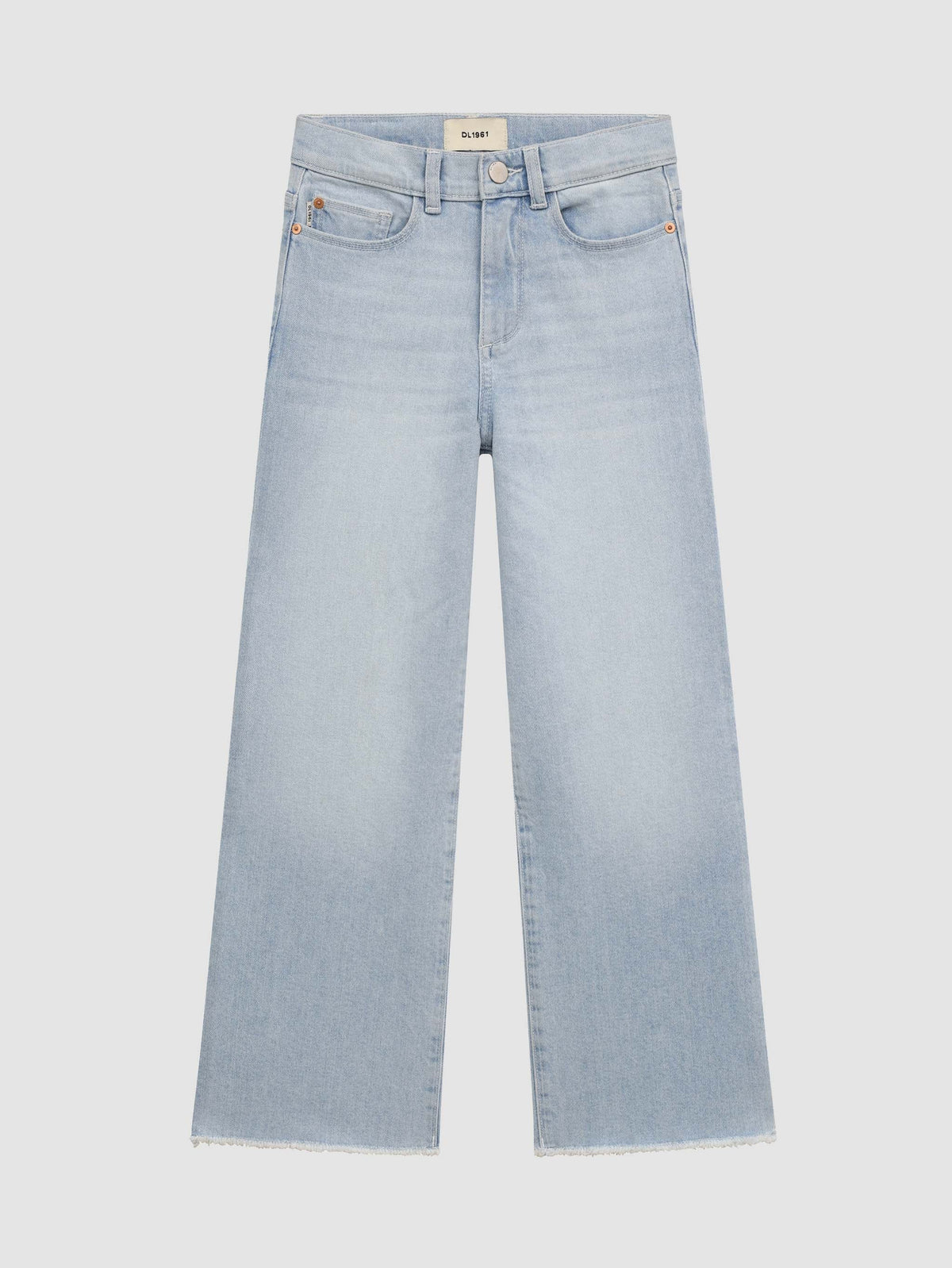 A pair of high-waisted, wide-leg jeans for girls, with a light blue wash.