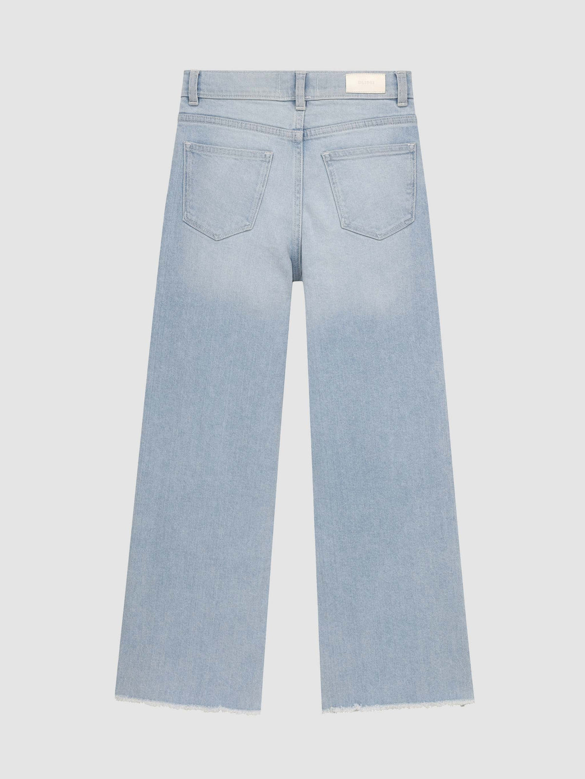 A pair of high-waisted, wide-leg jeans for girls, with a light blue wash.