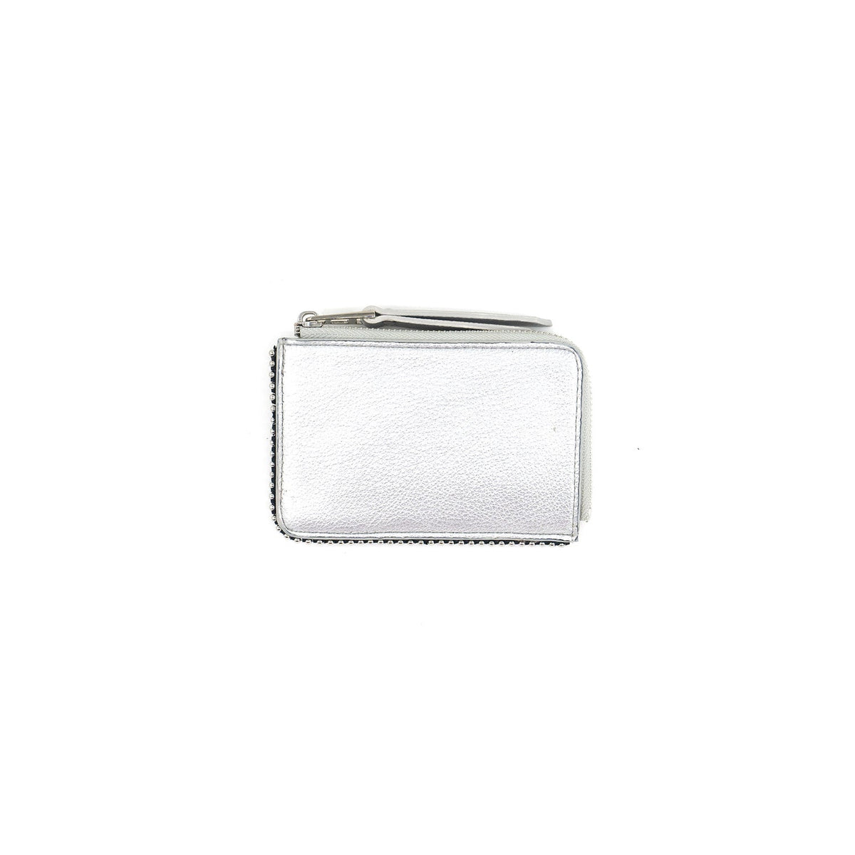 A small silver metallic zippered wallet with a pebbled leather texture, shown from a top-down view on a solid white background.
