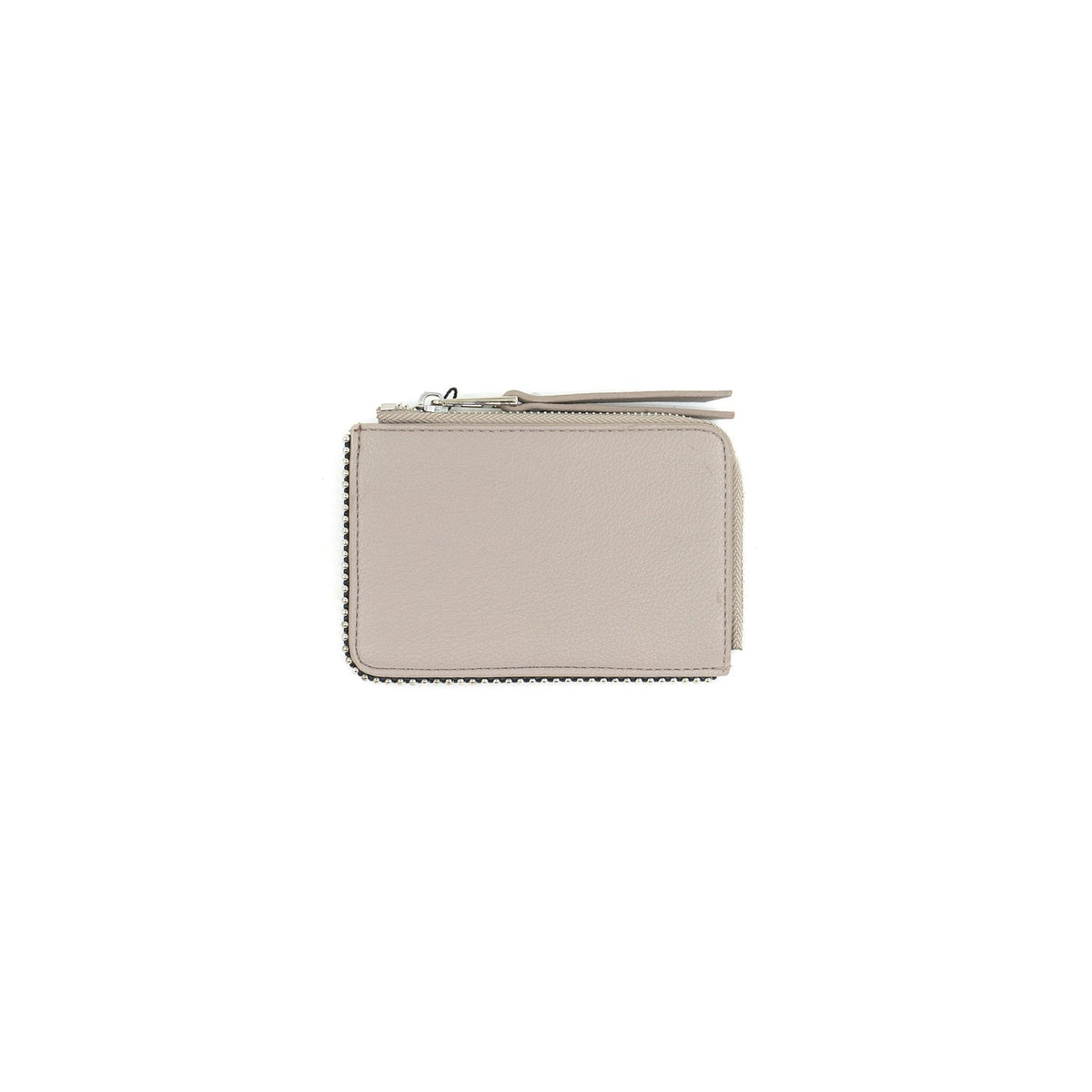 A light beige leather zip-around wallet with silver-tone metal studs along the edges and a matching leather zipper pull, shown on a plain white background.